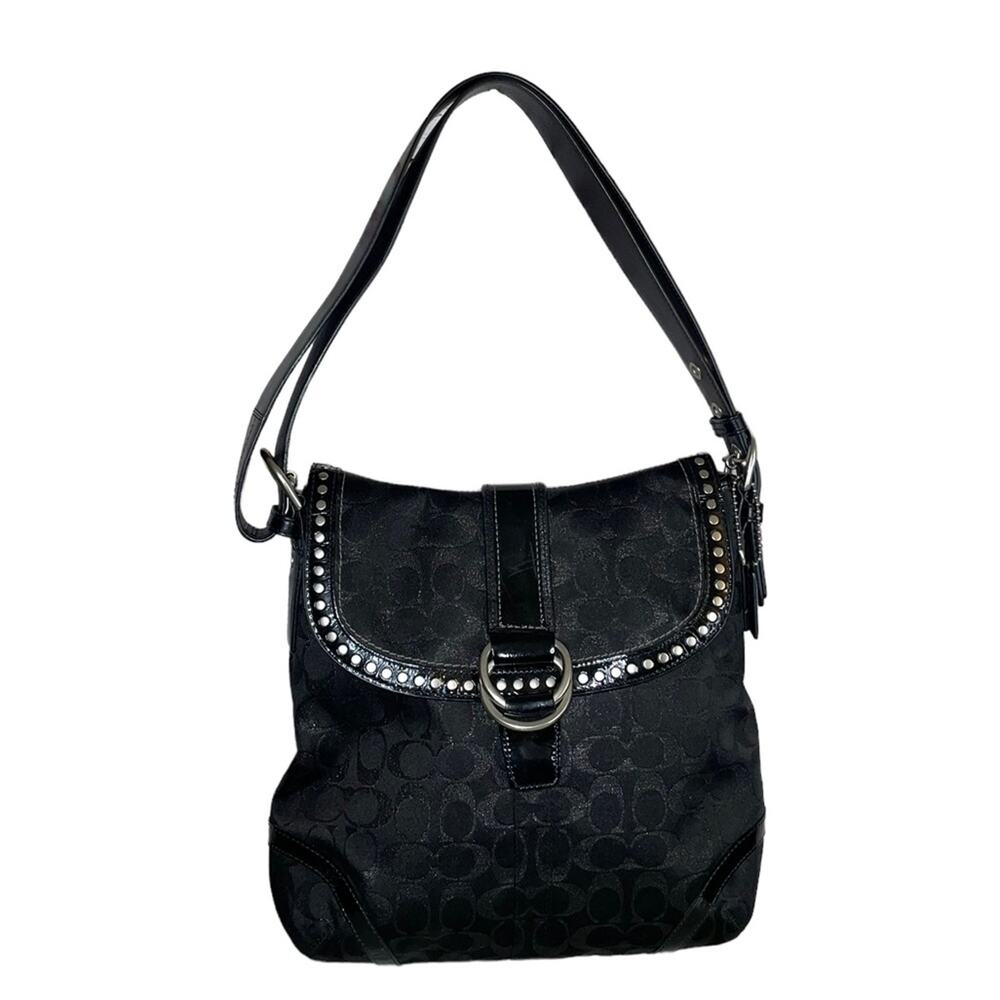 Coach Vintage Flap Duffle Monogram Canvas Leather Black Shoulder Bag Purse